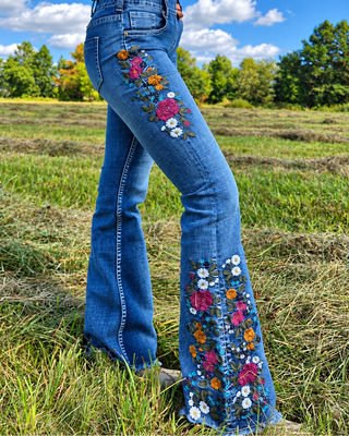Bloom Floral Embroidered Pull On Trouser Jeans by Cowgirl Tuff – Apparel from Bronco Western Supply Co.