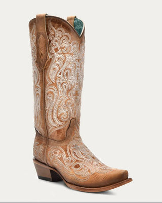 Corral C4144 crackled straw snip toe boot with blue luminescent embroidery, full three-quarter view