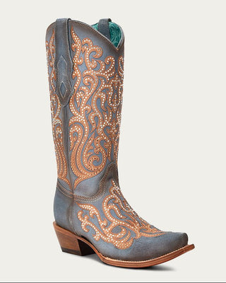 Corral C4124 blue snip toe boot with honey overlays, embroidery and crystals, full three-quarter view