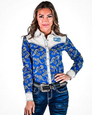 Blue Paisley & Cream Retro Pullover Button Up by Cowgirl Tuff – Apparel from Bronco Western Supply Co.