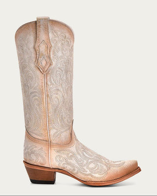 Corral C4143 light crackled snip toe boots with pink luminescent embroidery, vendor product photo