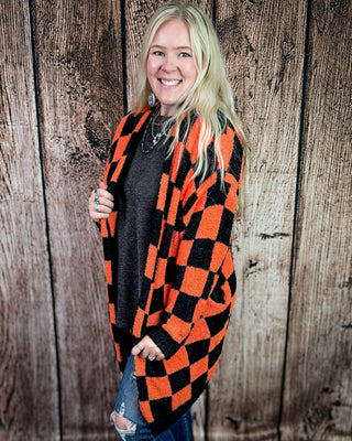 Boo Crew Reversible Cloud Cardigan in Orange and Black Checker by Blakeley – Apparel from Bronco Western Supply Co.