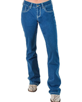 A person wearing blue denim jeans with light contrast stitching, shown from the waist down against a plain white background.