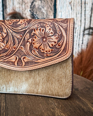 Bridle Blossom Hand Tooled Hairon Leather Bag in Amber Carve By Myra Bag – Purses & Wallets from Bronco Western Supply Co.