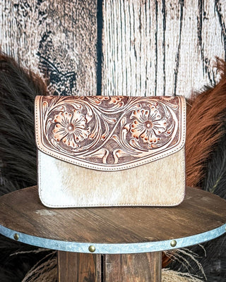 Bridle Blossom Hand Tooled Hairon Leather Bag in Amber Carve By Myra Bag – Purses & Wallets from Bronco Western Supply Co.