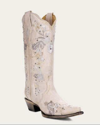 Corral A3521 white snip toe boot with floral embroidery and crystal accents, full three-quarter view