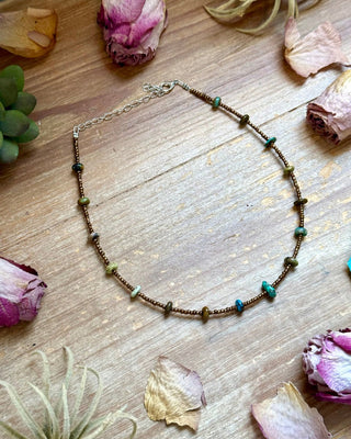 Bronze Seed Bead Necklace with real turquoise rondelle accents