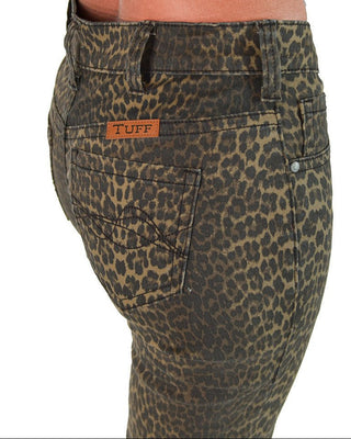 Leopard print pants with 'TUFF' brand label on a white background