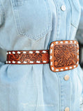 Brown Tooled Genuine Leather Ivory Buckstitch Belt - Apparel - Lucky & Blessed - Bronco Western Supply Co.