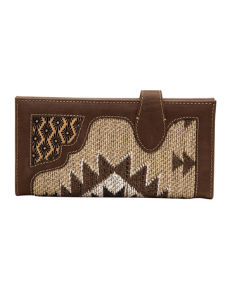 A brown leather and woven textile clutch wallet with a geometric patterned design, shown against a plain white background.
