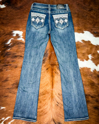 Desert Loom Aztec Bootcut Jeans in Dark Wash by Grace in LA
