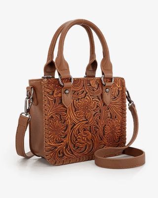 Canyon Blossom Tooled Mini Satchel in Brown by Trinity Ranch – Purses & Wallets from Bronco Western Supply Co.