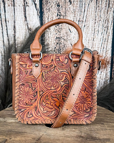 Canyon Blossom Tooled Mini Satchel in Brown by Trinity Ranch - Purses & Wallets - Montana West - Bronco Western Supply Co.