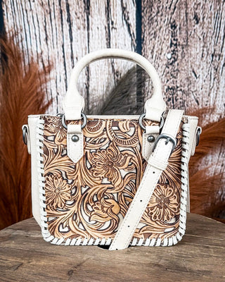 Canyon Blossom Tooled Mini Satchel in Tan by Trinity Ranch – Purses & Wallets from Bronco Western Supply Co.