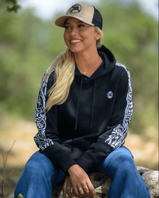 Canyon Ladies Hooey Hoodie in Black with Star Filigree – Apparel from Bronco Western Supply Co.