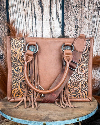 Canyon Nights Tooled Fringe Satchel in Brown by Montana West – Purses & Wallets from Bronco Western Supply Co.
