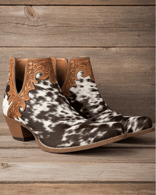 Cowboy boots with black and white pattern and brown leather accents on a white background