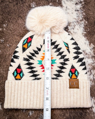 C.C. Aztec Pom Beanie - Beige – Accessories from Bronco Western Supply Co.