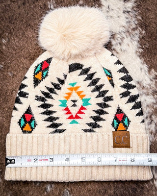 C.C. Aztec Pom Beanie - Beige – Accessories from Bronco Western Supply Co.