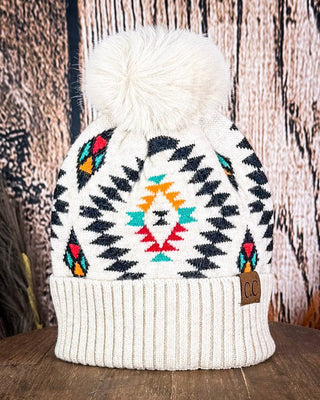 C.C. Aztec Pom Beanie - Beige – Accessories from Bronco Western Supply Co.