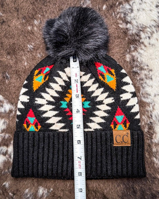 C.C. Aztec Pom Beanie - Black – Accessories from Bronco Western Supply Co.