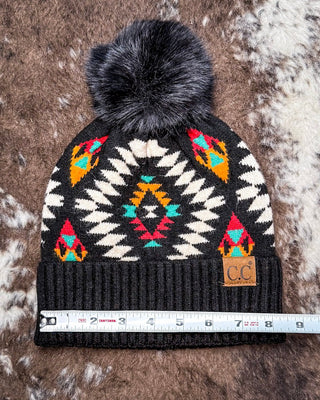 C.C. Aztec Pom Beanie - Black – Accessories from Bronco Western Supply Co.