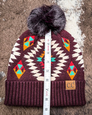 C.C. Aztec Pom Beanie - Dark Berry – Accessories from Bronco Western Supply Co.