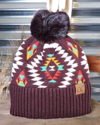 C.C. Aztec Pom Beanie - Dark Berry – Accessories from Bronco Western Supply Co.