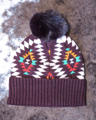C.C. Aztec Pom Beanie - Dark Berry - Accessories - C.C. - Bronco Western Supply Co.