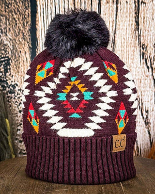 C.C. Aztec Pom Beanie - Dark Berry – Accessories from Bronco Western Supply Co.