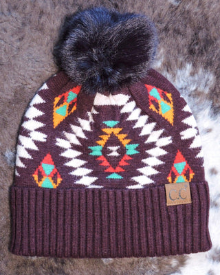 C.C. Aztec Pom Beanie - Dark Berry – Accessories from Bronco Western Supply Co.