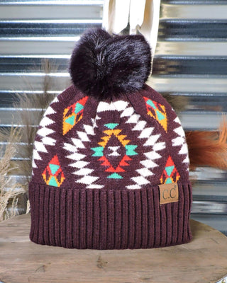 C.C. Aztec Pom Beanie - Dark Berry – Accessories from Bronco Western Supply Co.