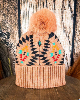 C.C. Aztec Pom Beanie - Desert Sand – Accessories from Bronco Western Supply Co.
