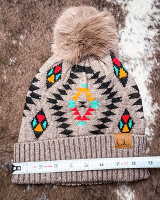 C.C. Aztec Pom Beanie - Taupe – Accessories from Bronco Western Supply Co.