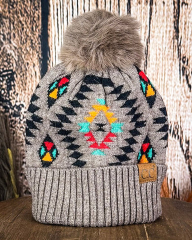 C.C. Aztec Pom Beanie - Taupe - Accessories - C.C. - Bronco Western Supply Co.