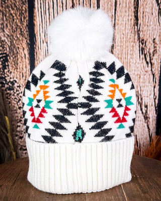C.C. Aztec Pom Beanie - White – Accessories from Bronco Western Supply Co.
