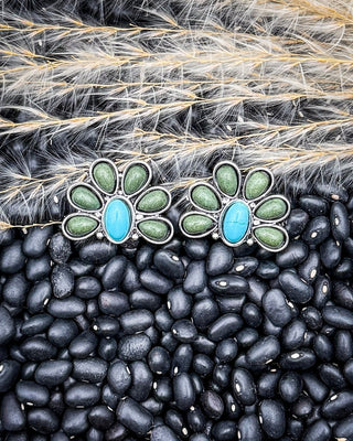 Cedarvale Half Flower Post Earrings in Turquoise and Green – Jewelry from Bronco Western Supply Co.