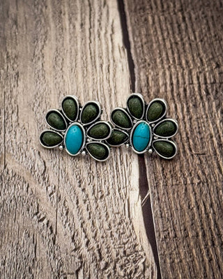 Cedarvale Half Flower Post Earrings in Turquoise and Green – Jewelry from Bronco Western Supply Co.