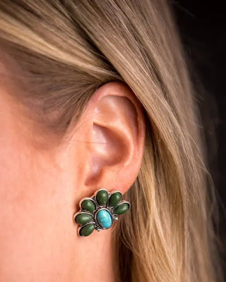 Cedarvale Half Flower Post Earrings in Turquoise and Green – Jewelry from Bronco Western Supply Co.