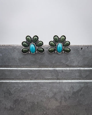 Cedarvale Half Flower Post Earrings in Turquoise and Green – Jewelry from Bronco Western Supply Co.