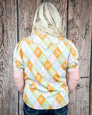 Celeste Puff Sleeve Studded Pearl Snap Shirt in Checkered Print by Lucky and Blessed – Apparel from Bronco Western Supply Co.