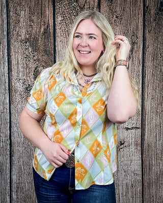 Celeste Puff Sleeve Studded Pearl Snap Shirt in Checkered Print by Lucky and Blessed – Apparel from Bronco Western Supply Co.