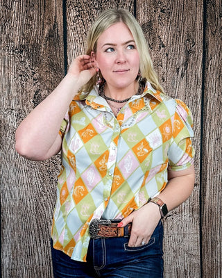 Celeste Puff Sleeve Studded Pearl Snap Shirt in Checkered Print by Lucky and Blessed – Apparel from Bronco Western Supply Co.