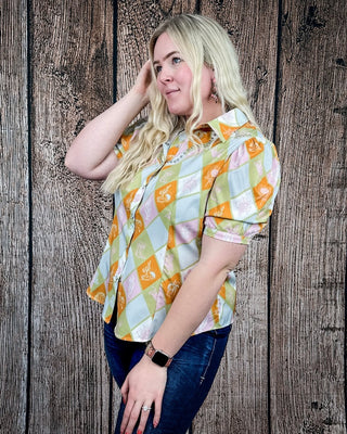 Celeste Puff Sleeve Studded Pearl Snap Shirt in Checkered Print by Lucky and Blessed – Apparel from Bronco Western Supply Co.