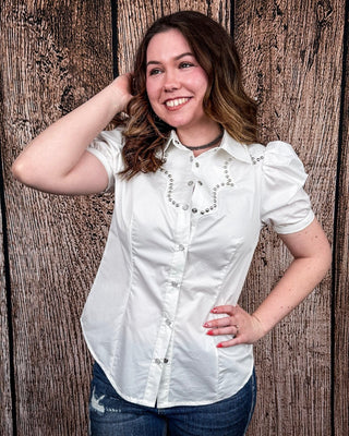 Celeste Puff Sleeve Studded Pearl Snap Shirt in Ivory by Lucky and Blessed – Apparel from Bronco Western Supply Co.