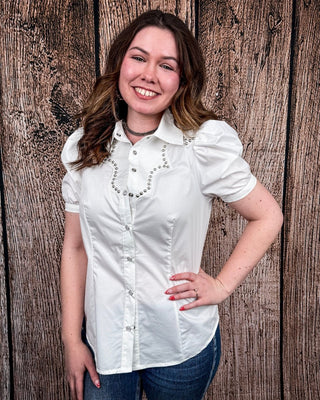 Celeste Puff Sleeve Studded Pearl Snap Shirt in Ivory by Lucky and Blessed – Apparel from Bronco Western Supply Co.