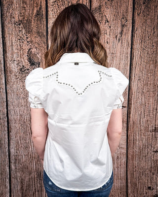 Celeste Puff Sleeve Studded Pearl Snap Shirt in Ivory by Lucky and Blessed – Apparel from Bronco Western Supply Co.