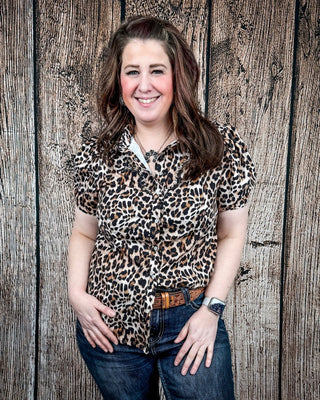 Celeste Puff Sleeve Studded Pearl Snap Shirt in Leopard by Lucky and Blessed – Apparel from Bronco Western Supply Co.