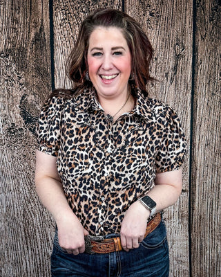 Celeste Puff Sleeve Studded Pearl Snap Shirt in Leopard by Lucky and Blessed – Apparel from Bronco Western Supply Co.