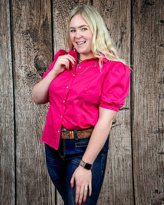 Celeste Puff Sleeve Studded Pearl Snap Shirt in Pink by Lucky and Blessed – Apparel from Bronco Western Supply Co.